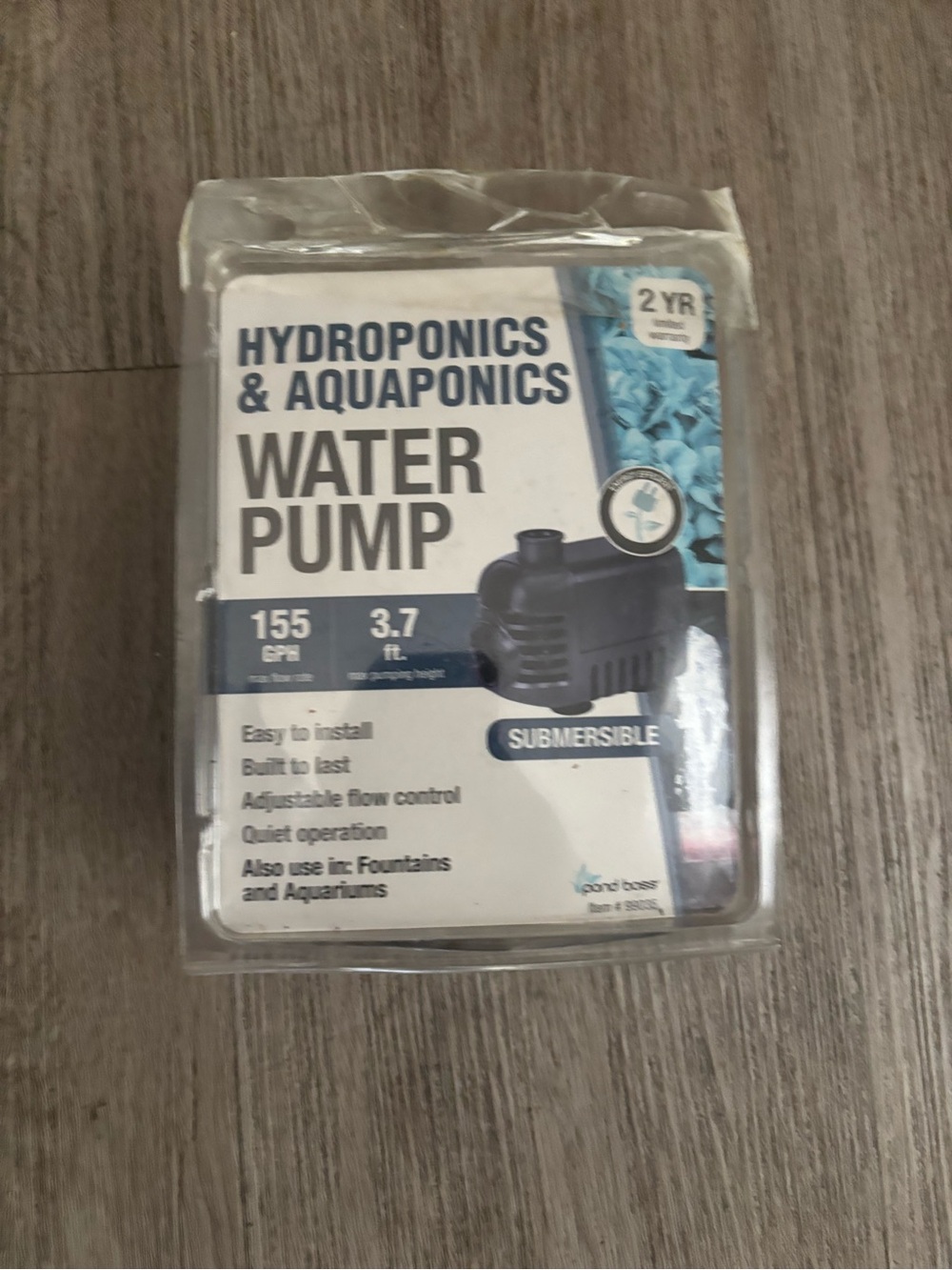 Pond Boss 99035 155 GPH Submersible Water Pump Hydroponics Aquaponics